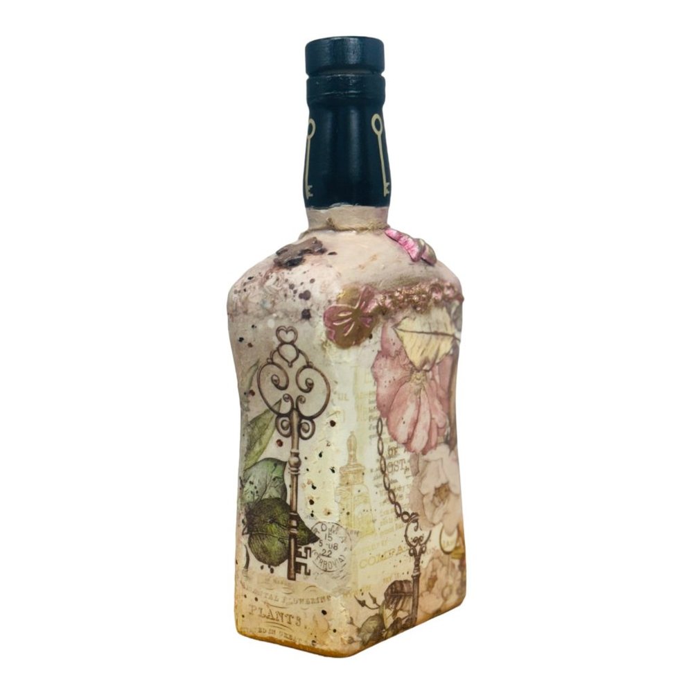 Up cycled Decanter Bottle Mixed Media Peep Keyhole Clay Hand Painted Butterfly - Picture 5 of 16